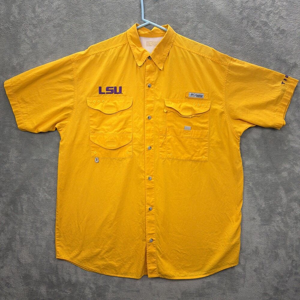 Columbia PFG Shirt Men XL Yellow Embroidered LSU Louisiana State Fishing